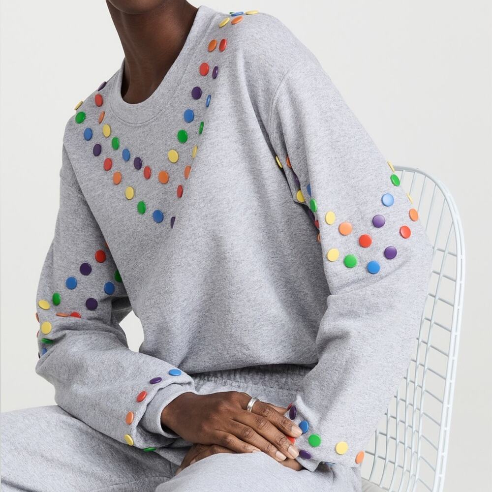 Rosie Assoulin Rainbow Snap Sweatshirt Raglan Fleece‎ Gray Relaxed Fit NWT Sz XS